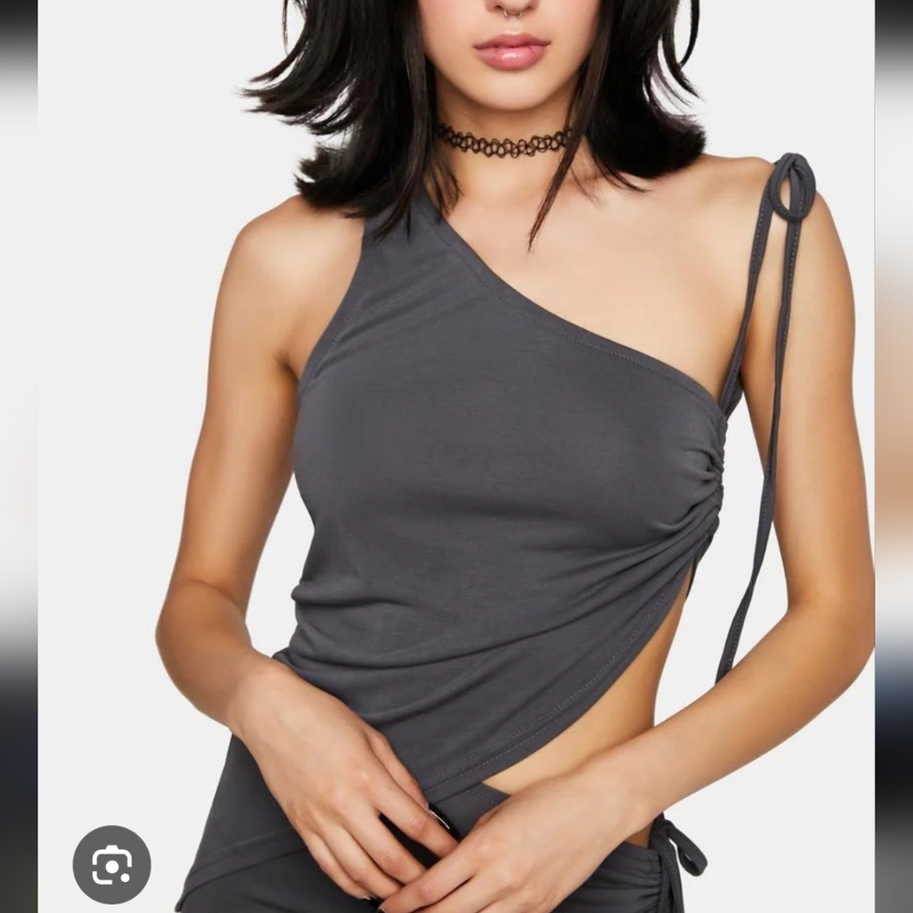 Edikted Charcoal One-Shoulder Tank Top S Ruched Sides
